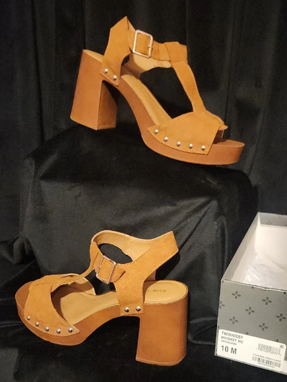 Sun + Stone Whiskey Brown Suede Platform Sandals with Stud Accents